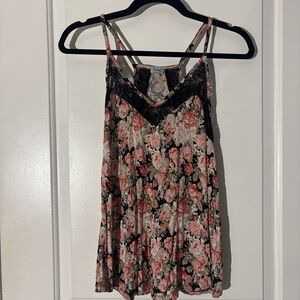 Kismet Floral Lace-Trim Spaghetti Strap Cami - Pink/Black